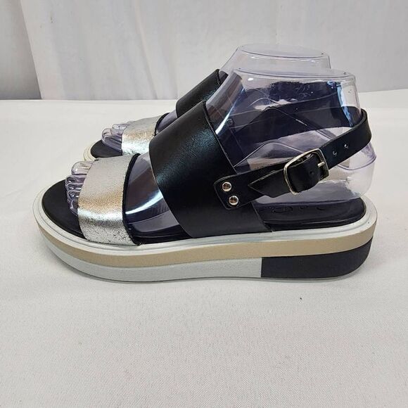 Carlo Pera Black and Metallic Leather Double Strap Platform Sandals Size 37EU 6. - Picture 6 of 12